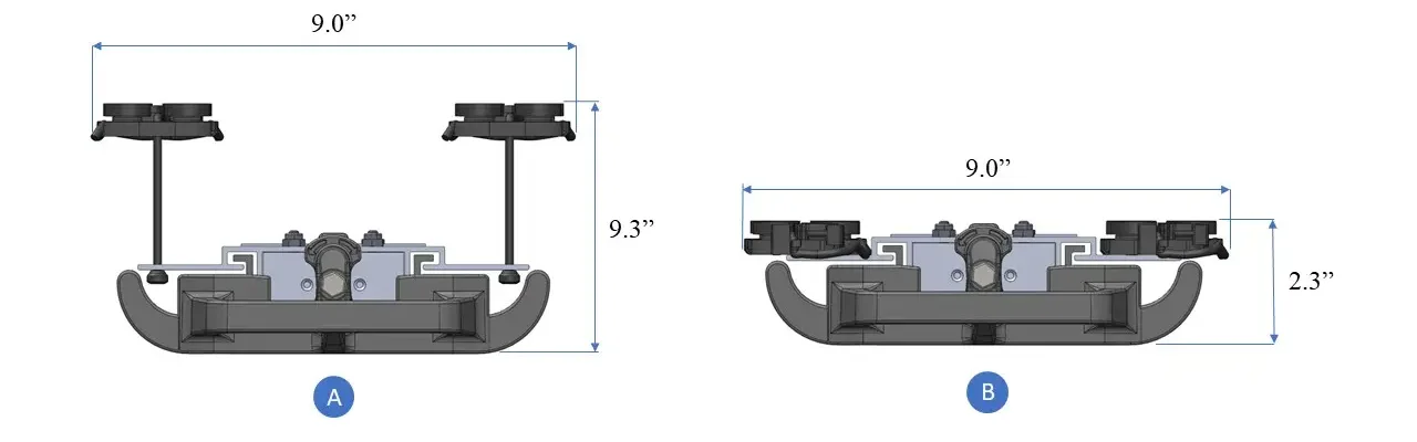 Dimensioni massime e minime dell'Defiant con sistema di montaggio a quadrupode